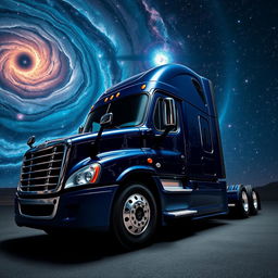 A shiny dark blue Freightliner Cascadia truck in space, surrounded by swirling galaxies and a myriad of stars illuminating the expansive universe
