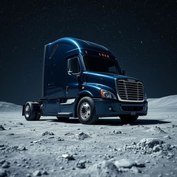 A shiny dark blue Freightliner Cascadia truck parked on the lunar surface, surrounded by a multitude of sparkling stars in the night sky