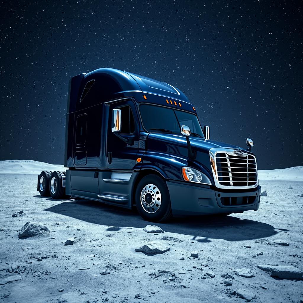 A shiny dark blue Freightliner Cascadia truck parked on the lunar surface, surrounded by a multitude of sparkling stars in the night sky