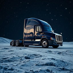 A shiny dark blue Freightliner Cascadia truck parked on the lunar surface, surrounded by a multitude of sparkling stars in the night sky
