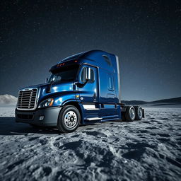 A shiny dark blue Freightliner Cascadia truck parked on the lunar surface, surrounded by a multitude of sparkling stars in the night sky