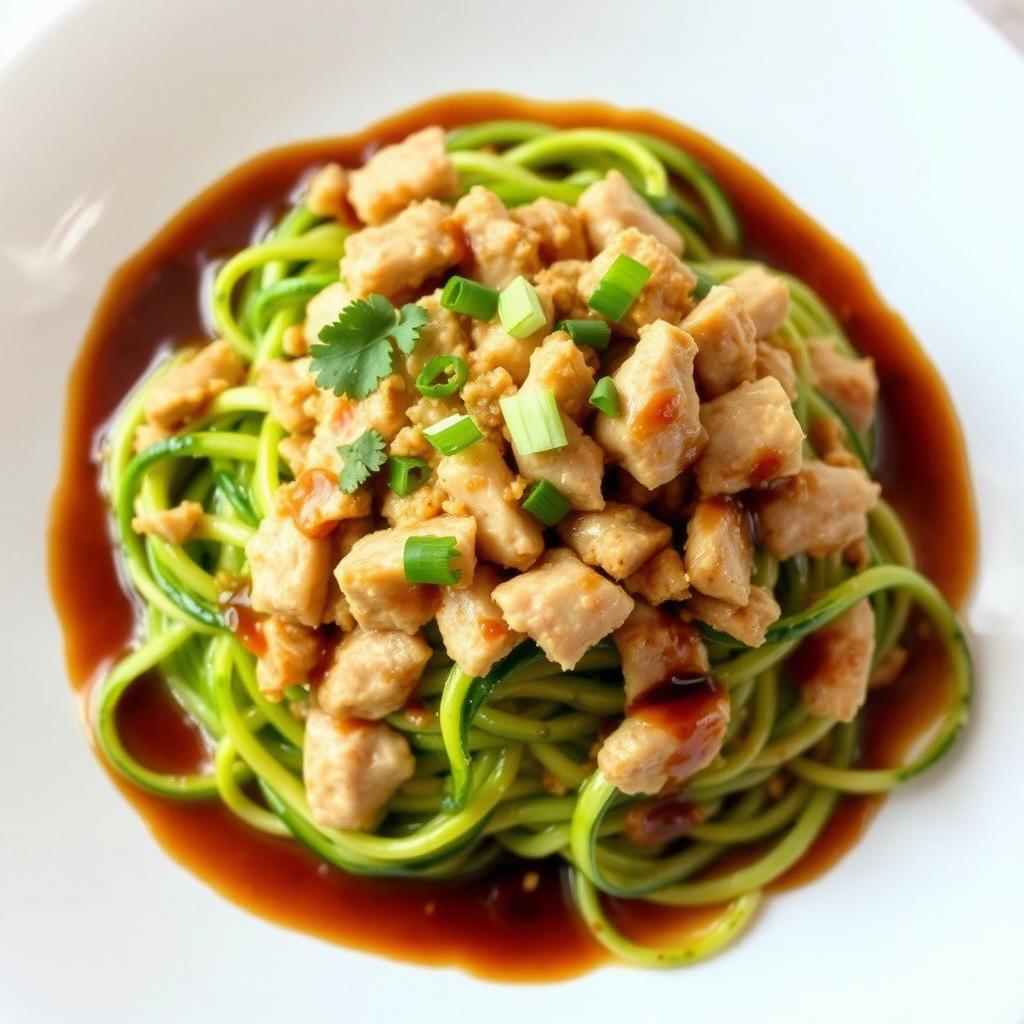 A delightful dish of zoodles topped with minced chicken, beautifully garnished with a rich oyster sauce and soy sauce