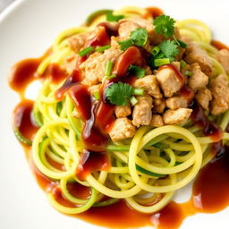 A delightful dish of zoodles topped with minced chicken, beautifully garnished with a rich oyster sauce and soy sauce