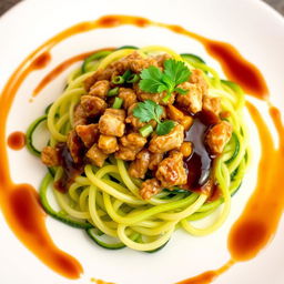 A delightful dish of zoodles topped with minced chicken, beautifully garnished with a rich oyster sauce and soy sauce