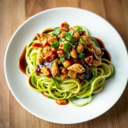 A delightful dish of zoodles topped with minced chicken, beautifully garnished with a rich oyster sauce and soy sauce
