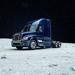 A shiny dark blue Freightliner Cascadia truck positioned on the lunar surface, surrounded by countless twinkling stars in the expansive cosmos