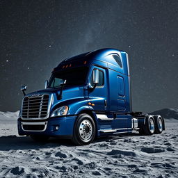 A shiny dark blue Freightliner Cascadia truck positioned on the lunar surface, surrounded by countless twinkling stars in the expansive cosmos