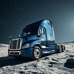A shiny dark blue Freightliner Cascadia truck positioned on the lunar surface, surrounded by countless twinkling stars in the expansive cosmos