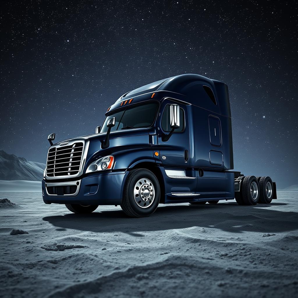 A shiny dark blue Freightliner Cascadia truck positioned on the lunar surface, surrounded by countless twinkling stars in the expansive cosmos