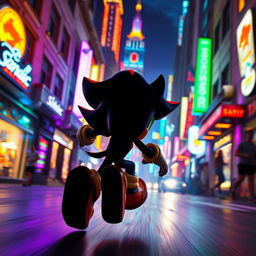 A dynamic scene featuring the back view of Shadow the Hedgehog, showcasing his iconic silhouette in motion