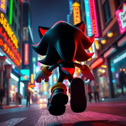 A dynamic scene featuring the back view of Shadow the Hedgehog, showcasing his iconic silhouette in motion