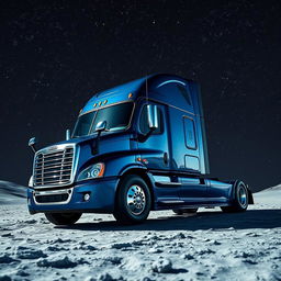 A shiny dark blue Freightliner Cascadia truck on the moon, surrounded by a vast expanse of countless stars sparkling in the night sky