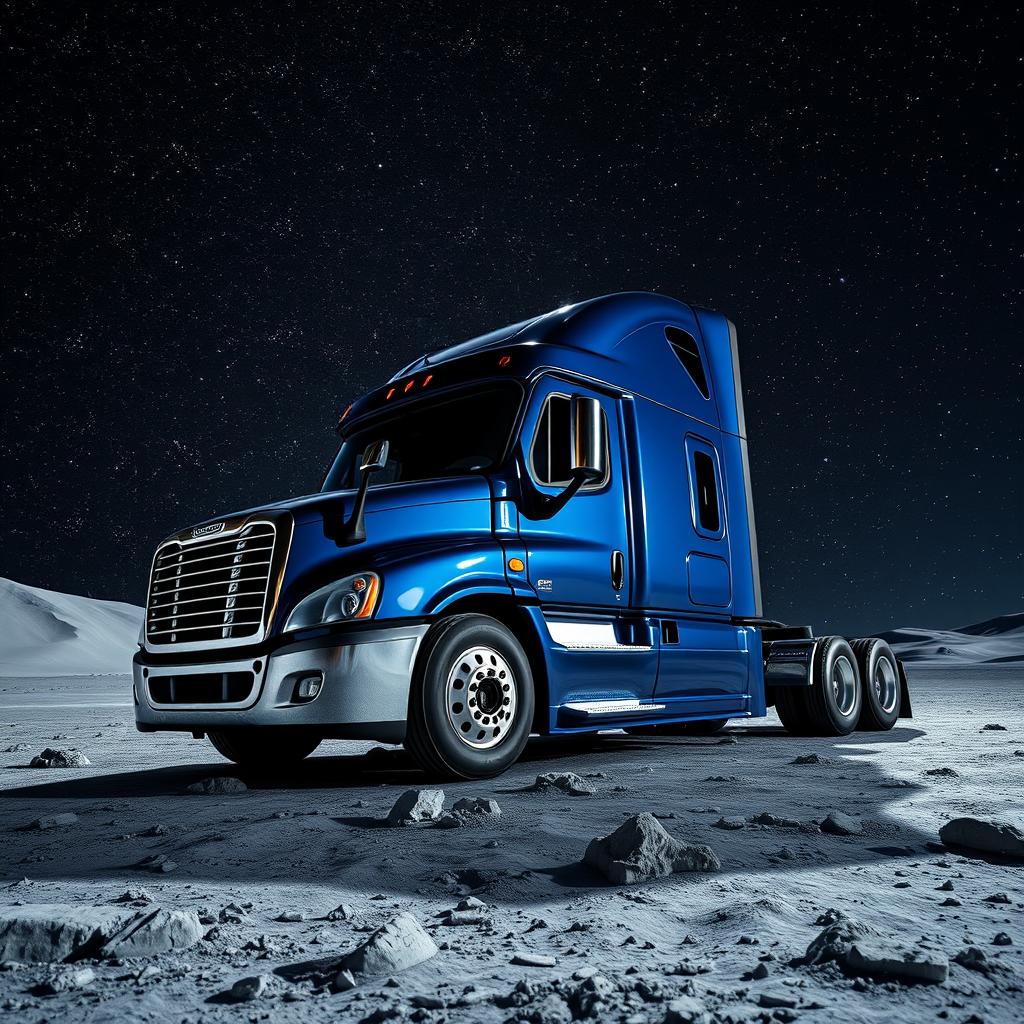 A shiny dark blue Freightliner Cascadia truck on the moon, surrounded by a vast expanse of countless stars sparkling in the night sky
