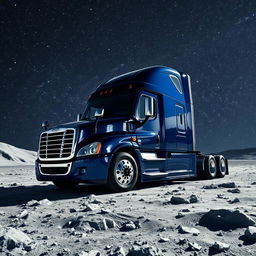 A shiny dark blue Freightliner Cascadia truck on the moon, surrounded by a vast expanse of countless stars sparkling in the night sky