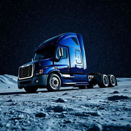 A shiny dark blue Freightliner Cascadia truck on the moon, surrounded by a vast expanse of countless stars sparkling in the night sky