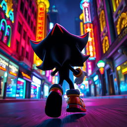 A captivating scene featuring the back view of Shadow the Hedgehog in motion, set against a vibrant nighttime backdrop