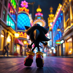 A captivating scene featuring the back view of Shadow the Hedgehog in motion, set against a vibrant nighttime backdrop