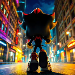A captivating scene featuring the back view of Shadow the Hedgehog in motion, set against a vibrant nighttime backdrop