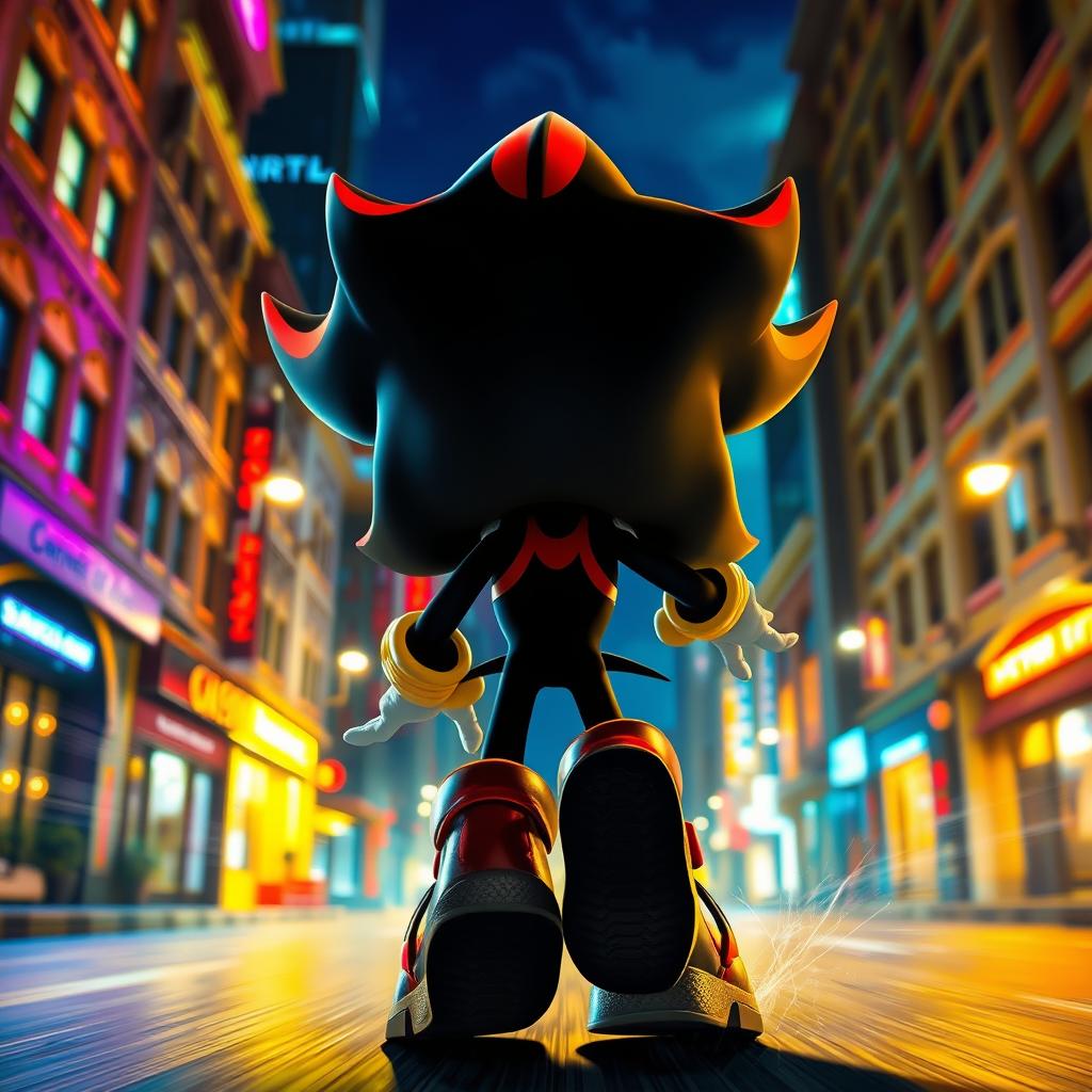 A captivating scene featuring the back view of Shadow the Hedgehog in motion, set against a vibrant nighttime backdrop