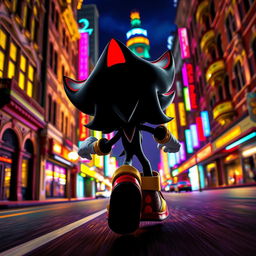 A captivating scene featuring the back view of Shadow the Hedgehog in motion, set against a vibrant nighttime backdrop