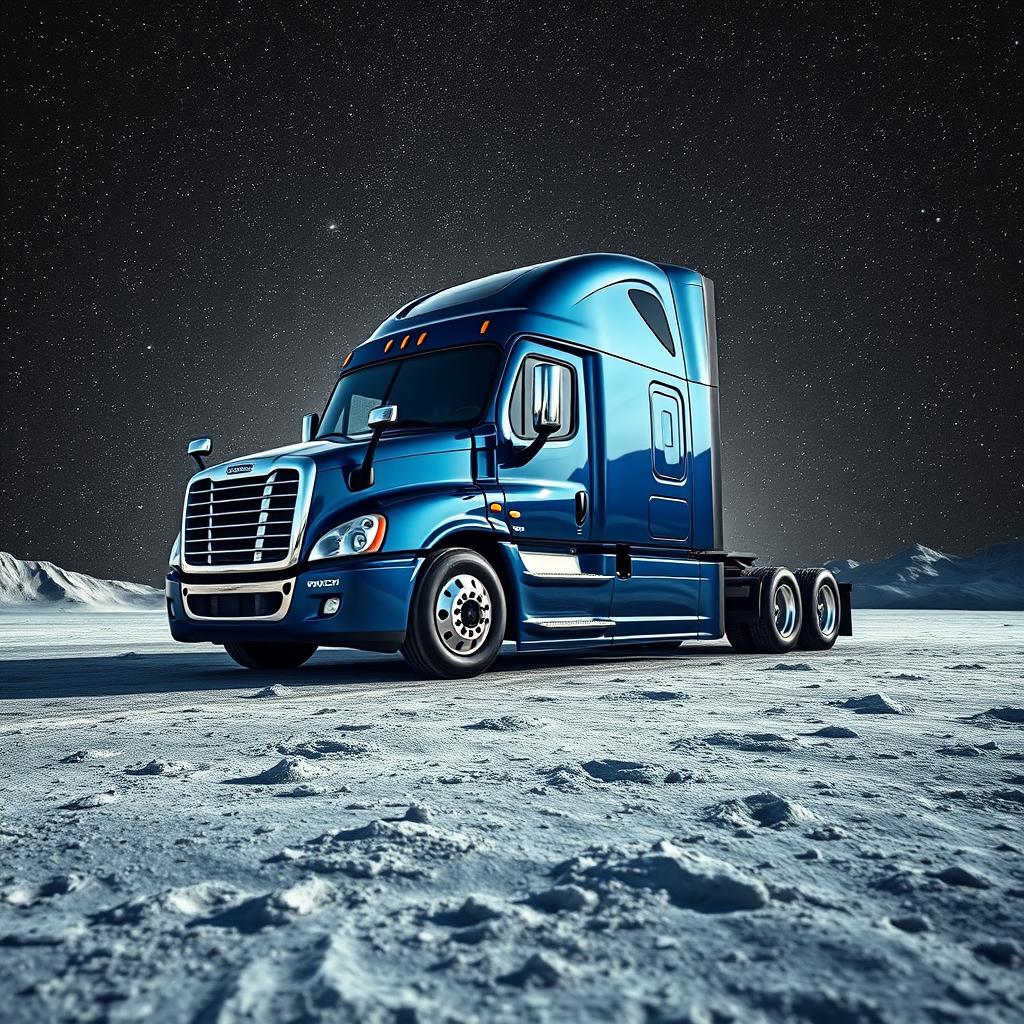 A shiny dark blue Freightliner Cascadia truck standing on the moon's surface, enveloped by an expansive sky filled with countless glimmering stars