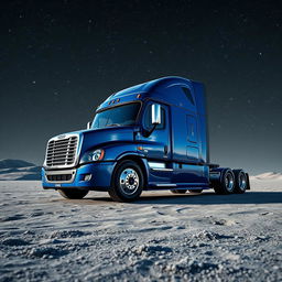 A shiny dark blue Freightliner Cascadia truck standing on the moon's surface, enveloped by an expansive sky filled with countless glimmering stars