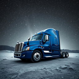 A shiny dark blue Freightliner Cascadia truck standing on the moon's surface, enveloped by an expansive sky filled with countless glimmering stars