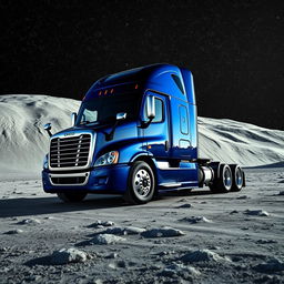 A shiny dark blue Freightliner Cascadia truck standing on the moon's surface, enveloped by an expansive sky filled with countless glimmering stars