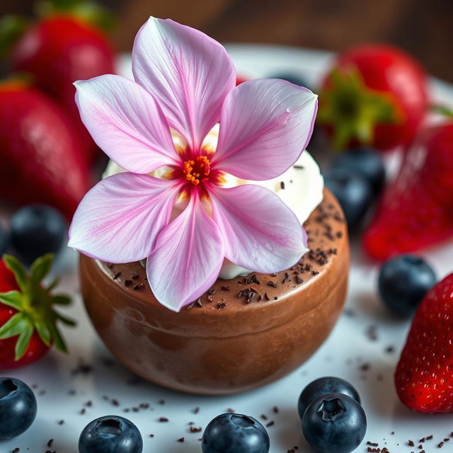 A serene scene featuring a beautiful blossom resting elegantly on a decadent dessert