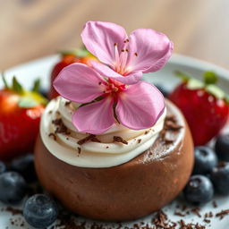 A serene scene featuring a beautiful blossom resting elegantly on a decadent dessert