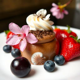 A serene scene featuring a beautiful blossom resting elegantly on a decadent dessert