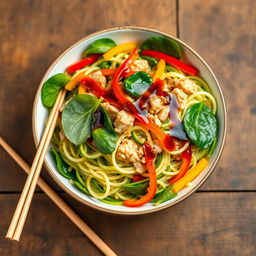 A vibrant bowl of zoodles (zucchini noodles) beautifully plated, with tender minced chicken mixed in