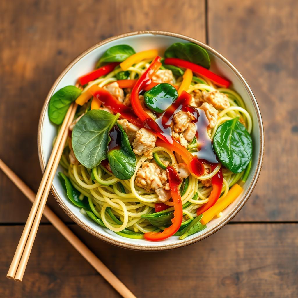 A vibrant bowl of zoodles (zucchini noodles) beautifully plated, with tender minced chicken mixed in