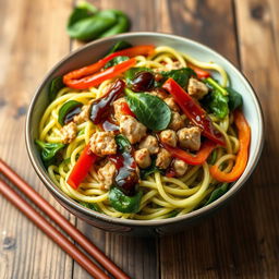 A vibrant bowl of zoodles (zucchini noodles) beautifully plated, with tender minced chicken mixed in