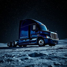 A shiny dark blue Freightliner Cascadia truck resting on the surface of the moon, surrounded by a mesmerizing array of stars twinkling in the vast night sky