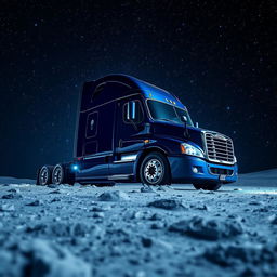 A shiny dark blue Freightliner Cascadia truck resting on the surface of the moon, surrounded by a mesmerizing array of stars twinkling in the vast night sky