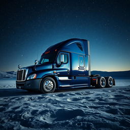 A shiny dark blue Freightliner Cascadia truck resting on the surface of the moon, surrounded by a mesmerizing array of stars twinkling in the vast night sky