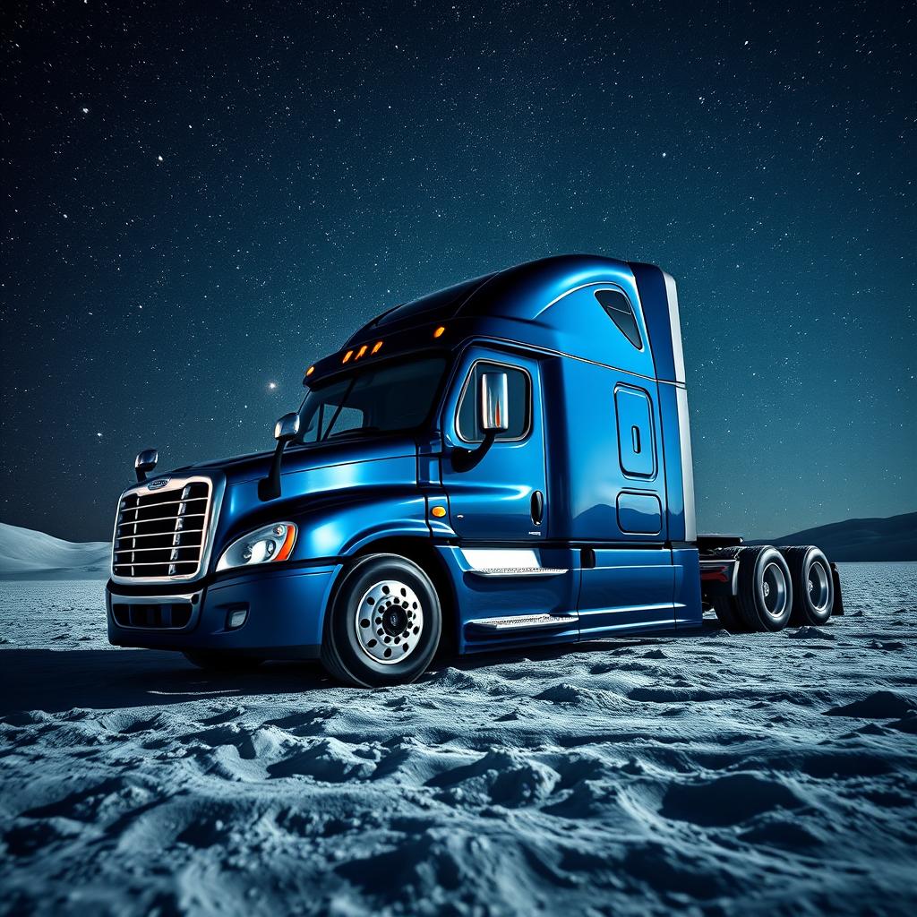A shiny dark blue Freightliner Cascadia truck resting on the surface of the moon, surrounded by a mesmerizing array of stars twinkling in the vast night sky