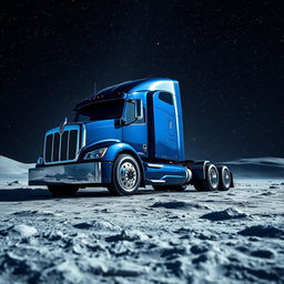 A shiny dark blue Kenworth T680 truck positioned on the surface of the moon, enveloped by a breathtaking view of countless stars illuminating the night sky