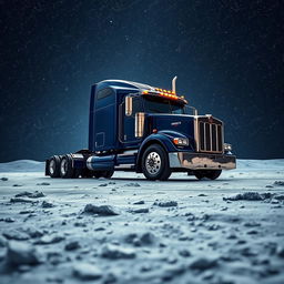 A shiny dark blue Kenworth T680 truck positioned on the surface of the moon, enveloped by a breathtaking view of countless stars illuminating the night sky