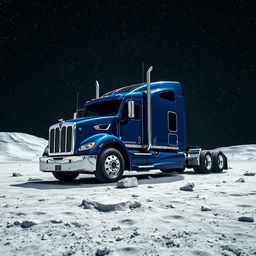 A shiny dark blue Kenworth T680 truck positioned on the surface of the moon, enveloped by a breathtaking view of countless stars illuminating the night sky