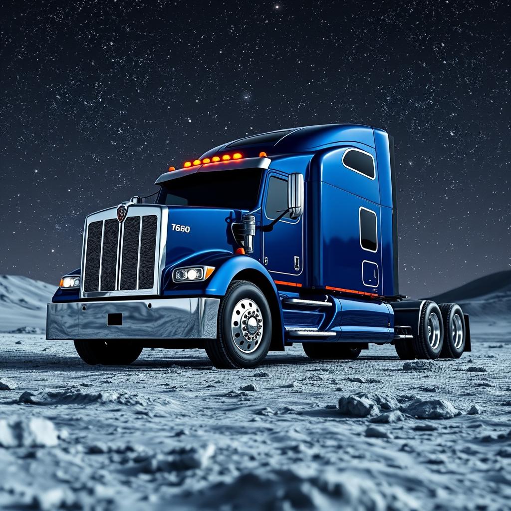 A shiny dark blue Kenworth T680 truck positioned on the surface of the moon, enveloped by a breathtaking view of countless stars illuminating the night sky