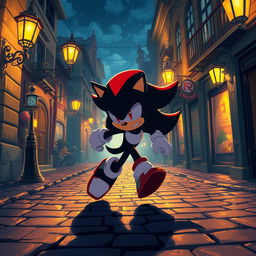 An engaging illustration of Shadow the Hedgehog in motion, captured at night along an old cobblestone street in a beautiful and enchanting city