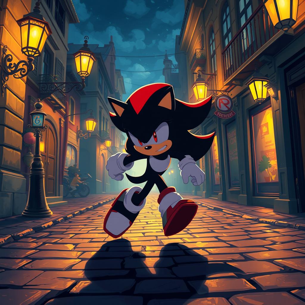 An engaging illustration of Shadow the Hedgehog in motion, captured at night along an old cobblestone street in a beautiful and enchanting city