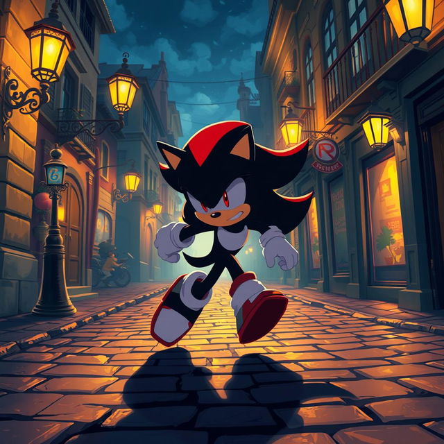 An engaging illustration of Shadow the Hedgehog in motion, captured at night along an old cobblestone street in a beautiful and enchanting city