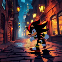 An engaging illustration of Shadow the Hedgehog in motion, captured at night along an old cobblestone street in a beautiful and enchanting city