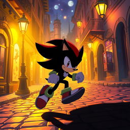 An engaging illustration of Shadow the Hedgehog in motion, captured at night along an old cobblestone street in a beautiful and enchanting city
