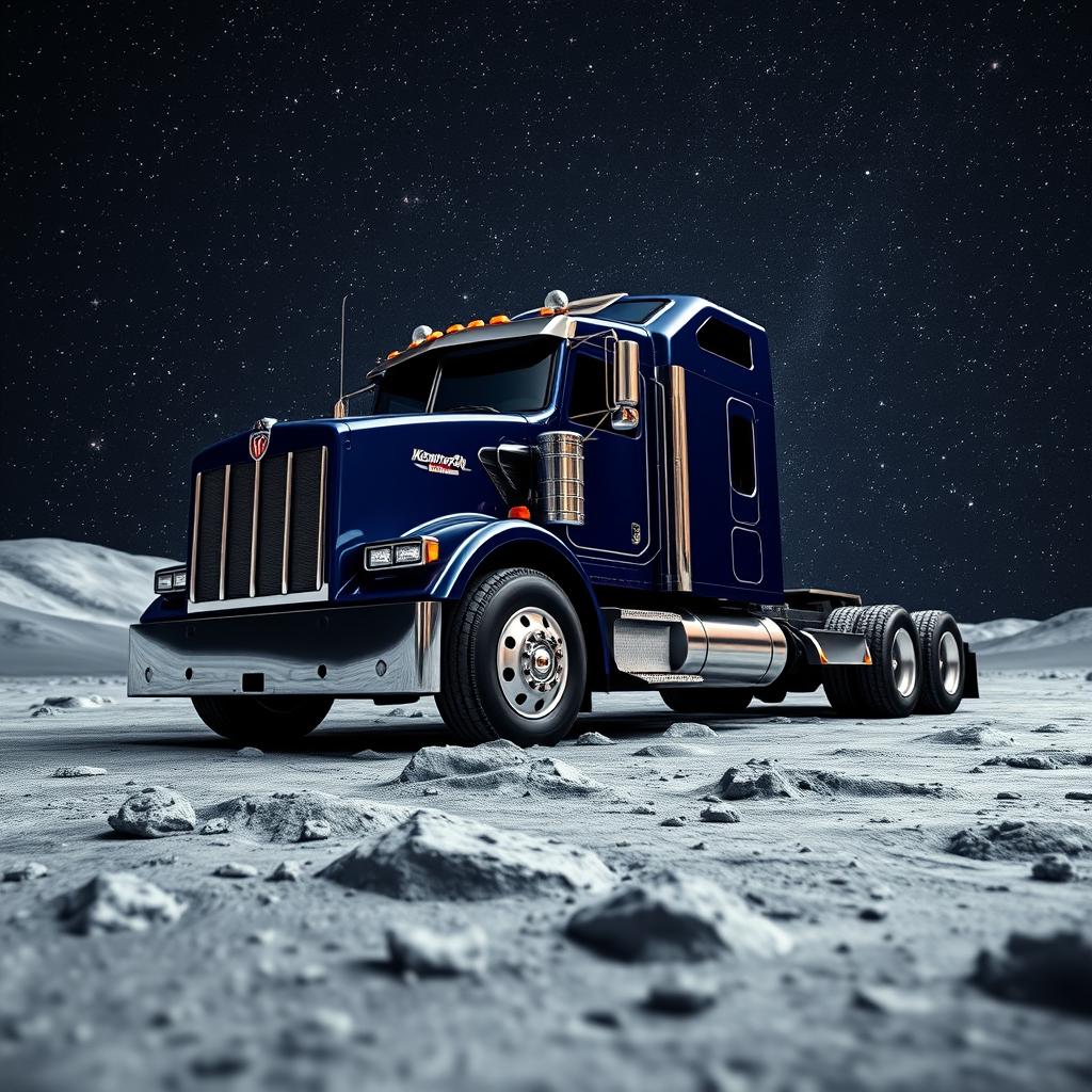 A shiny dark blue Kenworth T680 truck poised on the moon's surface, set against a breathtaking backdrop filled with a multitude of twinkling stars