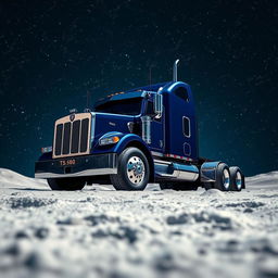 A shiny dark blue Kenworth T680 truck poised on the moon's surface, set against a breathtaking backdrop filled with a multitude of twinkling stars