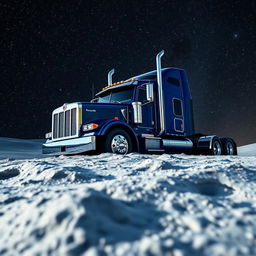A shiny dark blue Kenworth T680 truck poised on the moon's surface, set against a breathtaking backdrop filled with a multitude of twinkling stars